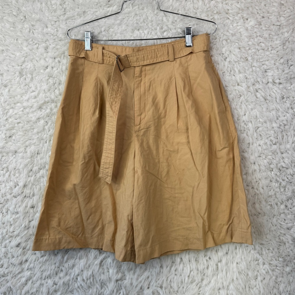 Uniqlo Linen Blend Pleated Belted Bermuda Shorts Size M Tan Minimalist Neutral